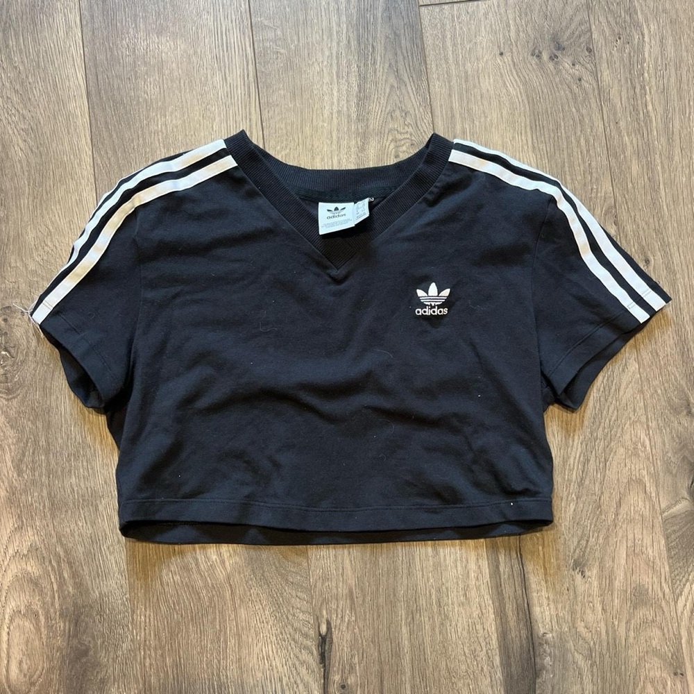 Adidas Black V-Neck Crop Top with White Stripes
